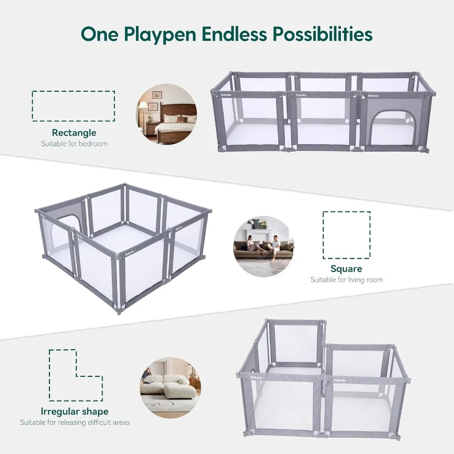 Babelio Foldable Playpen for Babies and Toddlers- Adjustable Shape and Area Playpen with Zipper Gate Portable Baby Fence for In