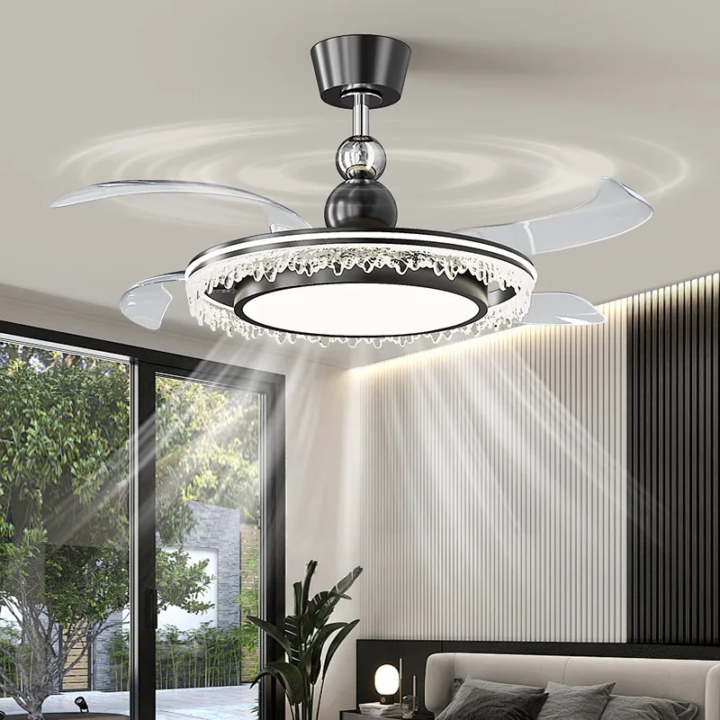Italian Minimalist Restaurant Ceiling Fan Lights Luxury High-end Feeling Ice Crack Acrylic Invisible Silent Bedroom LED Fan Lamp