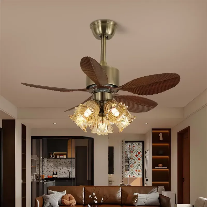 European Creative Elegant 5 Heads Amber Flower Glass Shade ABS Blades Ceiling Fan with Lights for Living Room Bedroom Cafe