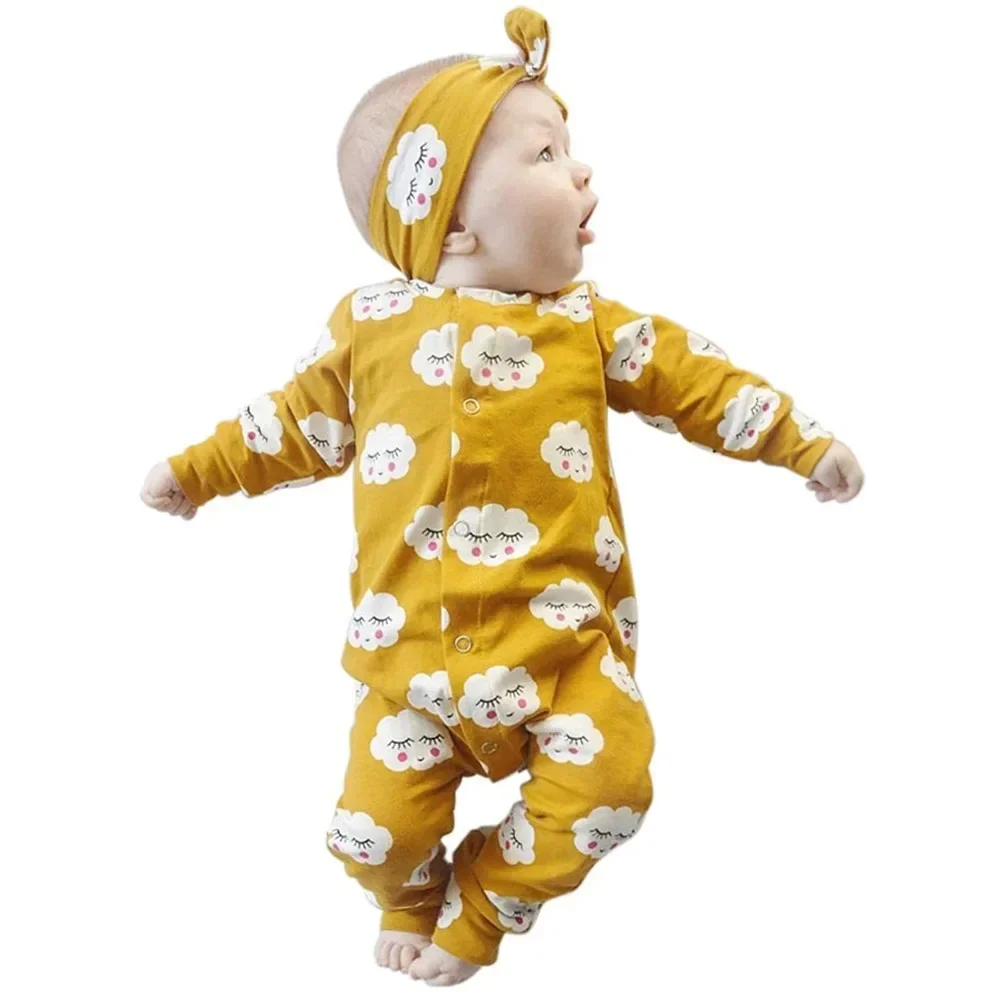 Newborn Infant Baby Girls 2pcs Clothes Set Toddler Long Sleeve Clouds Printed Romper Jumpsuit with Hairband Spring Autumn Outfit