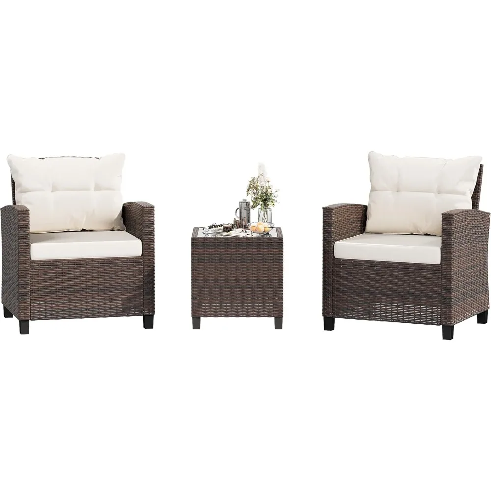 

3 Pieces Patio Furniture Set 3 Pieces PE Rattan Wicker Chairs with Table Outdoor Furniture Brown Rattan with White Cushion