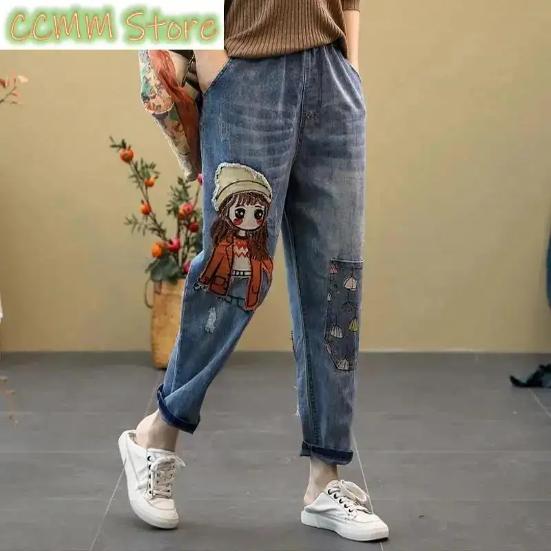 Nieuwe Jeans Vrouw Hoge Taille Lente Zomer Retro Borduurwerk Denim Broek Dames Elastische Taille Harem Broek Losse Jean Femme Broek