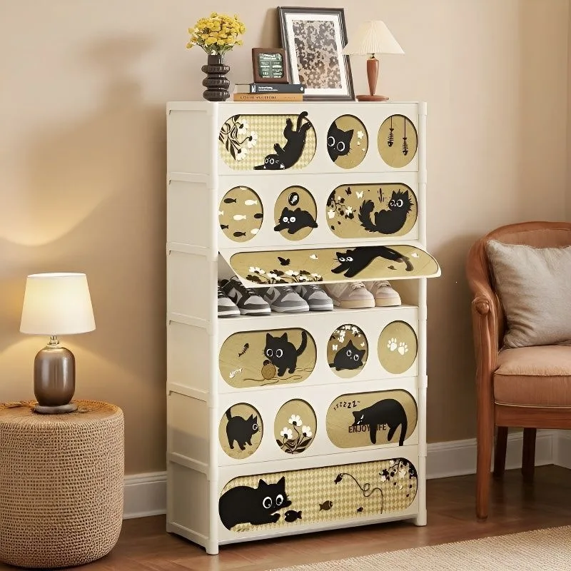 Shoe Cabinet Plastic Shoe Cabinet Dustproof Flip Door Shoe Storage Organizer Cute Black Cat Pattern Multi Layer Shoe Rack