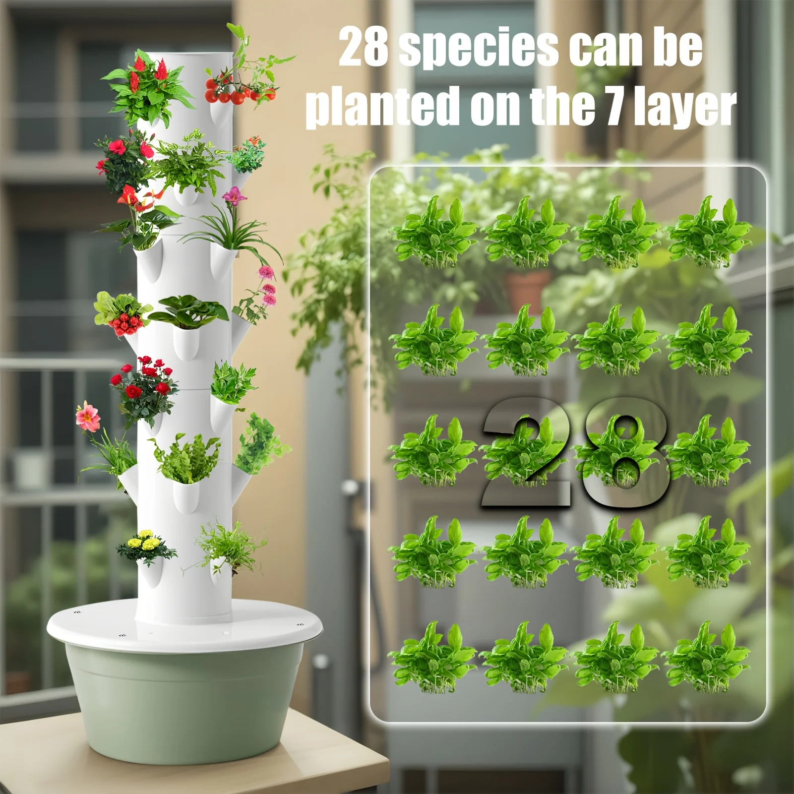 برج مائي عمودي، نظام مائي داخلي مع خزان مياه، مجموعة زراعة الخضروات مكونة من 7 طبقات و28 فتحة، برج إنتاج مائي للبستنة العمودية، مناسب للاستخدام المنزلي والخارجي #1