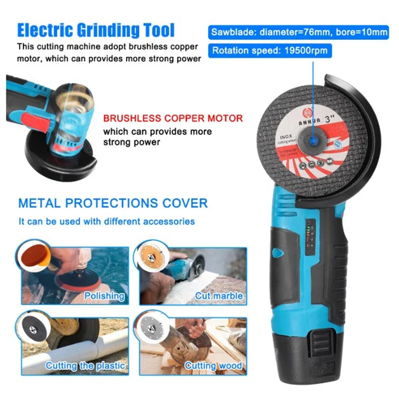 12V Cordless Electric Angle Grinder 200W 19500rpm Mini Polishing Grinding Machine Diamond Cutting Power Grinder With 2 Battery