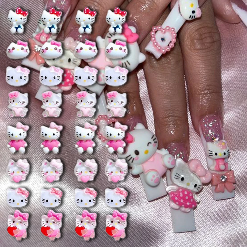 10Pcs/bag Miniso Sanrio Pink Kitty Nail Jewelry Charms Kit Kawaii KT Cat Nail Rhinestone Gems for Manicure DIY Cartoon Crafts