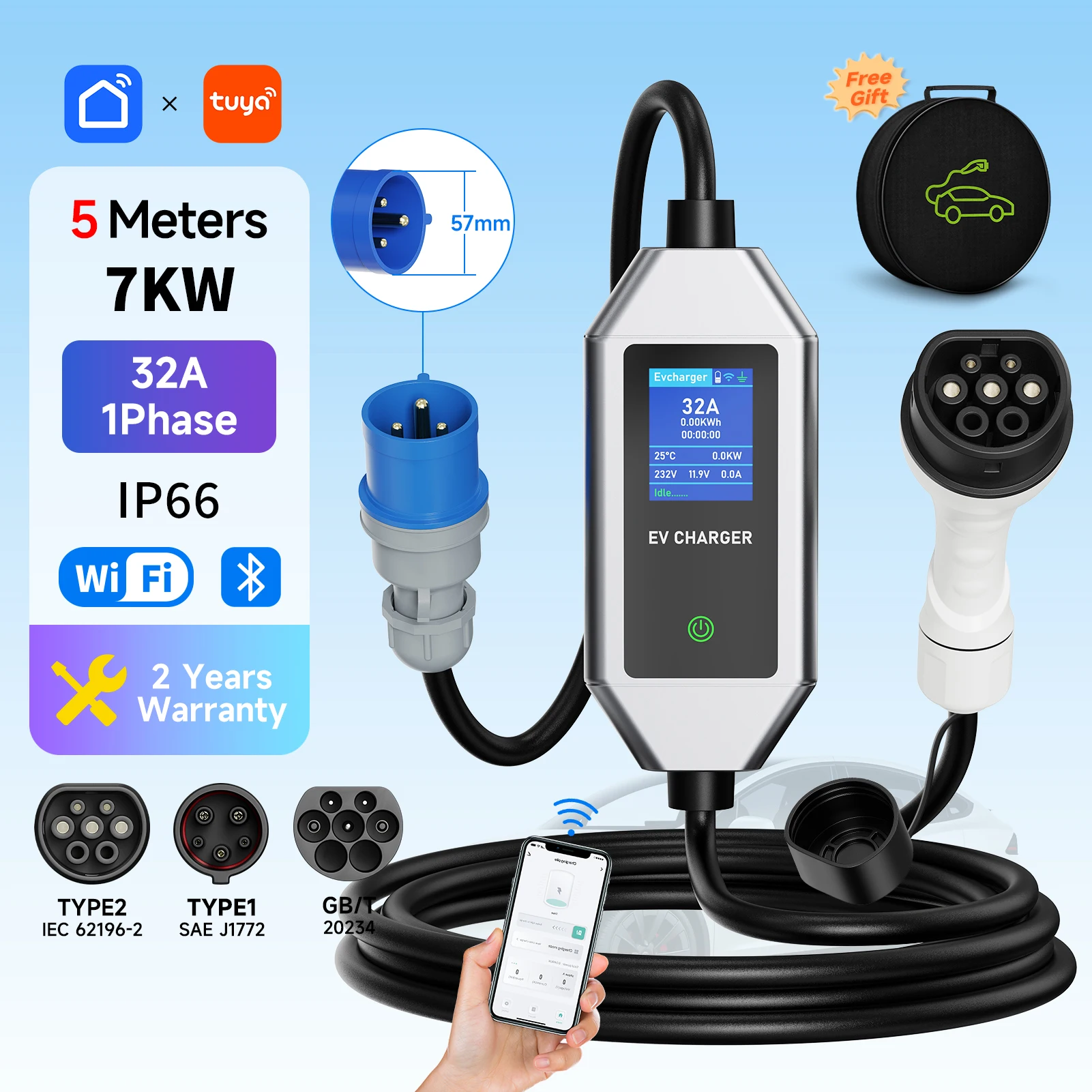 

Портативное зарядное устройство для электромобилей, кабель для быстрой зарядки 7 кВт, тип 2 IEC62196-2 32 А с вилкой CEE Type1 J1772 WiFi APP, Bluetooth-пульт дистанционного управления