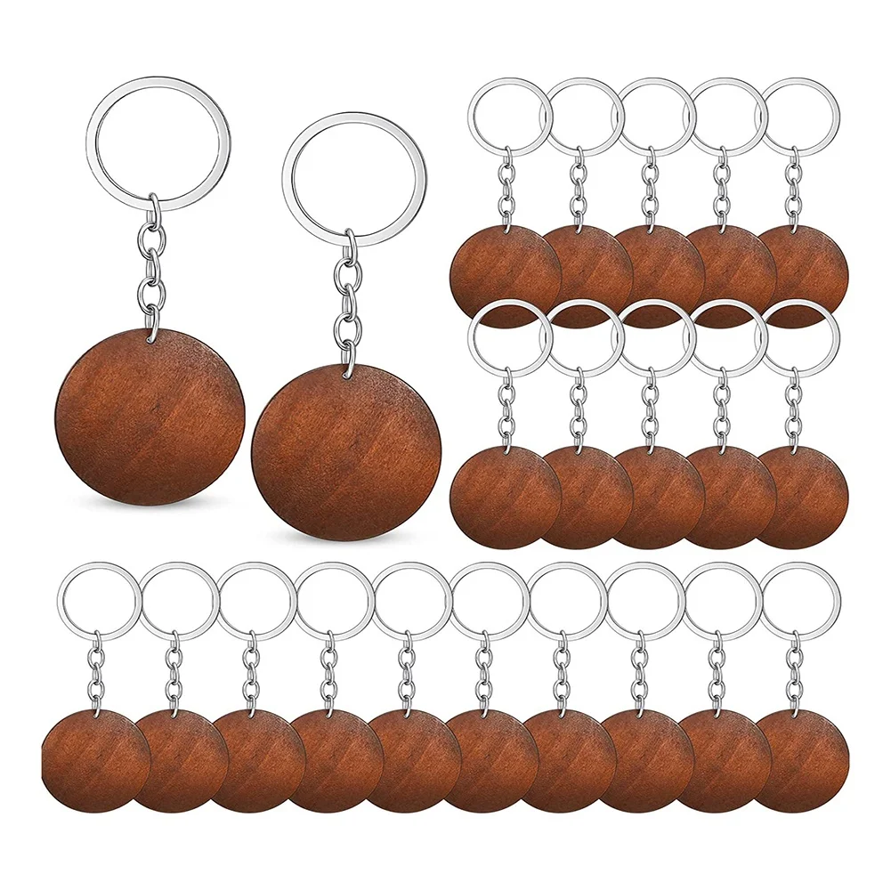 50 Pieces Wood Engraving Blanks Round Shaped Wooden Keychain Set Rings Key Tags Keychain Supplies for DIY Gift Crafts