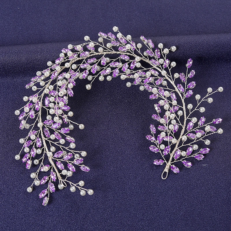 Purple Crystal Hairband Tiara For Women Party Rhinestone Pearl Headband Bridal Wedding Hair Accessories Jewelry Comb Band Tiara