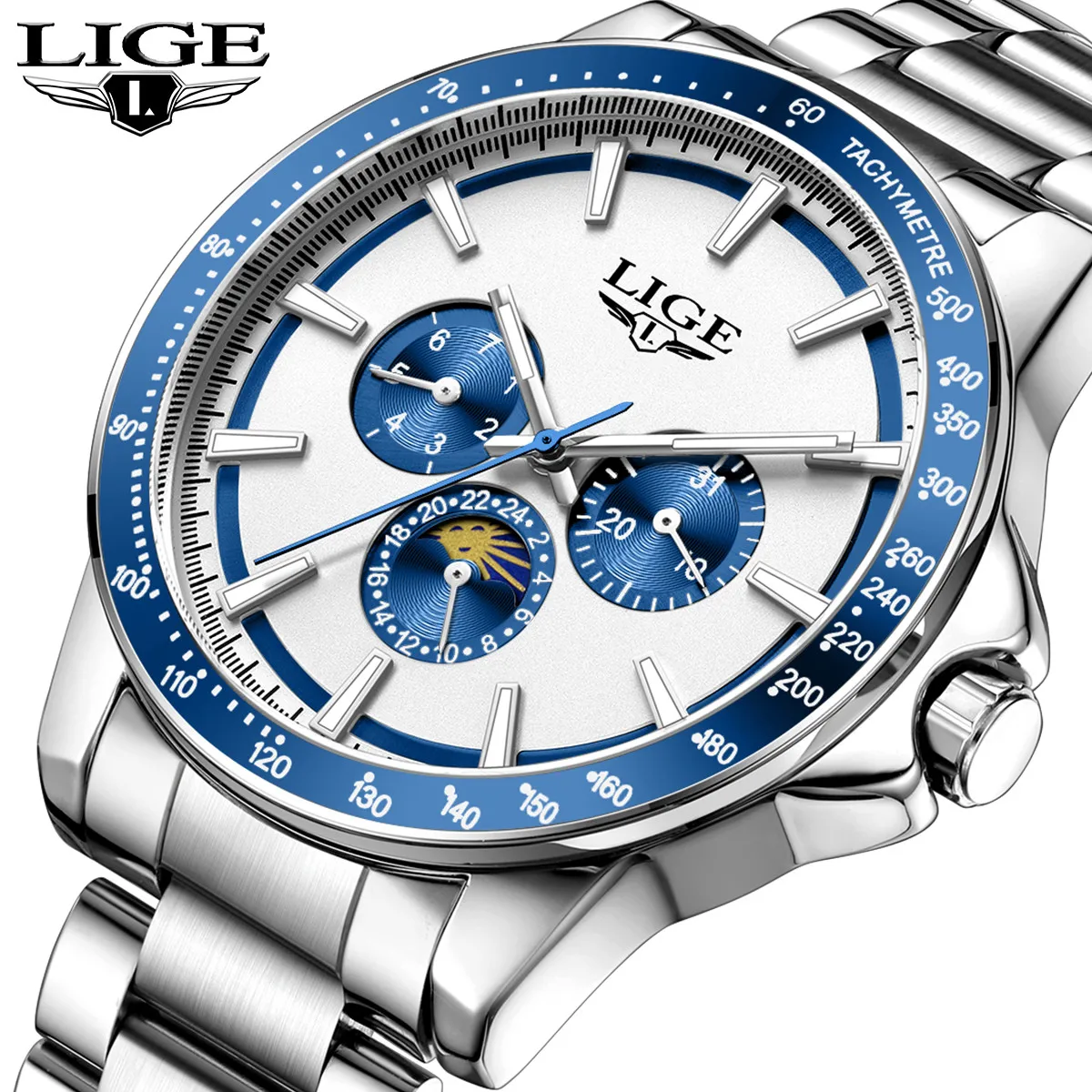 

LIGE Luxury Men's Quartz Watch Waterproof Stainless Steel Watch Fashion Moon Phase Luminous Business Chronograph Watches for Men
