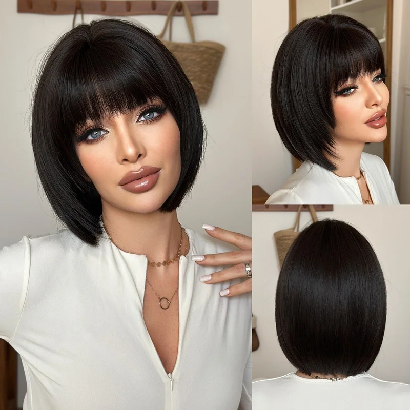 Black short hair  with full head cover and pompadour hairstyle