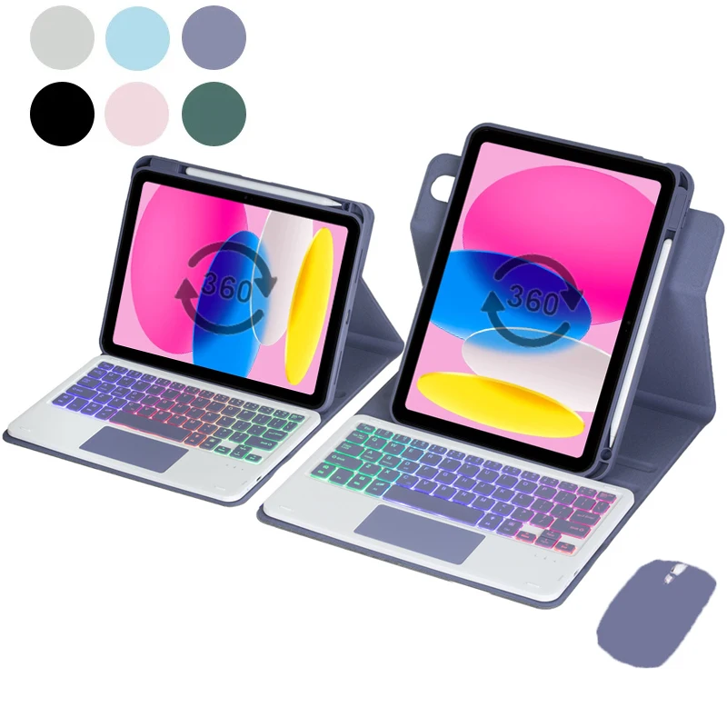 

Rainbow Backlit Keyboard with Trackpad for iPad A16 2025 11th Generation 11'' 360° Rotation Keyboard Case with Pencil Slot Stand