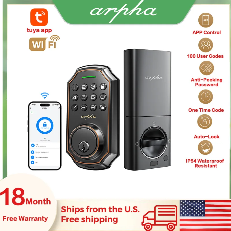 ARPHA Door Lock Front Doors Wifi Tuya Smart Door Lock With Tuya App PIN Code or Key Unlock One-Time Code Waterproof Smart Home Door Lock Outdoor Indoor