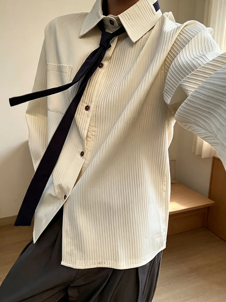 Cleanfit Textured Long Sleeve Shirt DK Tie Collar Unisex College Style Autumn Design Premium Quality Men's Women's Outerwear