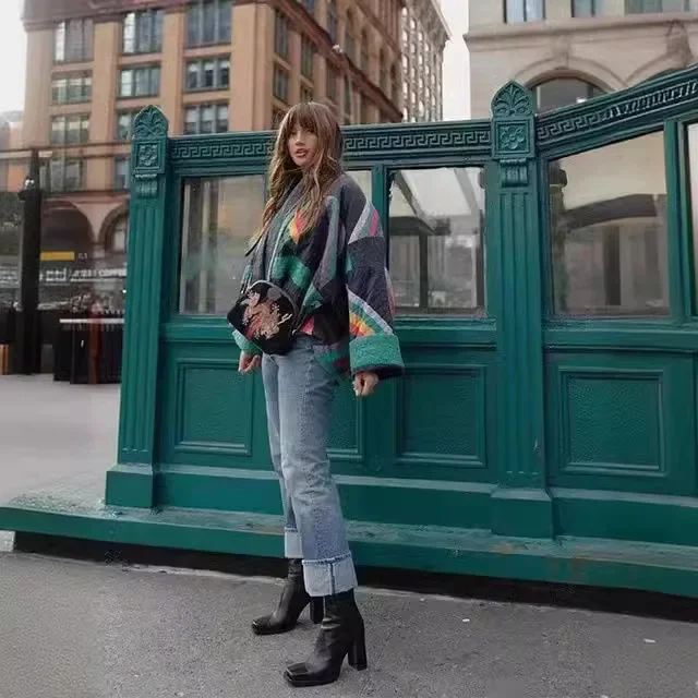 

Vintage Casual Parka 2025 Autumn Women's Loose Fit Print Long Sleeve Coat Spliced Cardigan Design