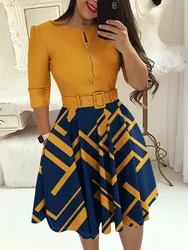 Casual O-neck Long Sleeve Dress Office Lady Spring Autumn Fashion Elegant Striped Print Pleated Dresses For Women 2023 Female