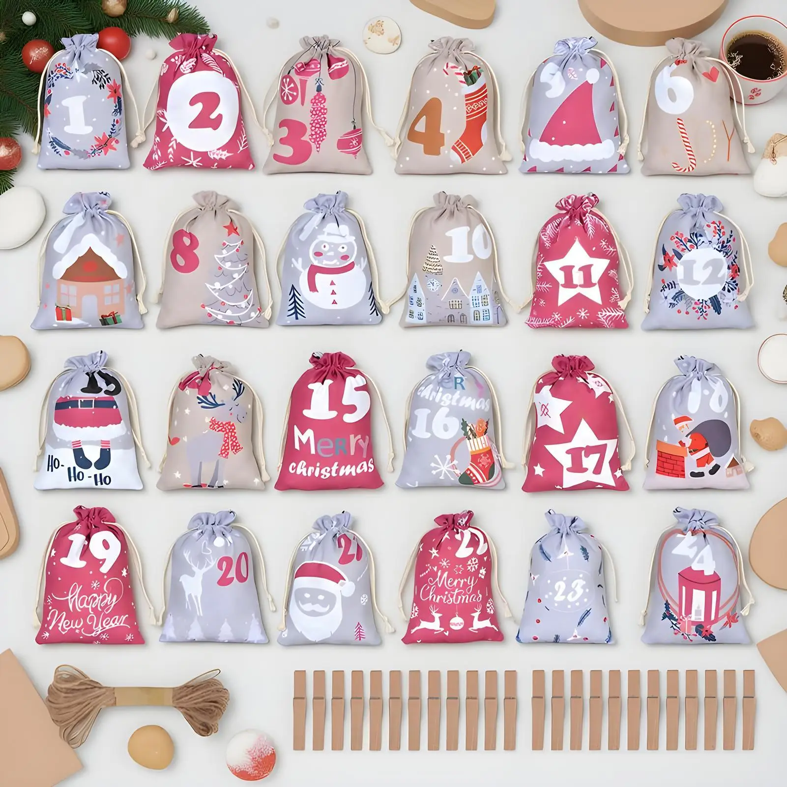 

Рождественские сумки с календарем обратного отсчета, 24-дневная сумка на шнурке, заполняемые сумки для конфет, игрушек, ювелирных изделий, шоколадных подарков, сувениров для вечеринок