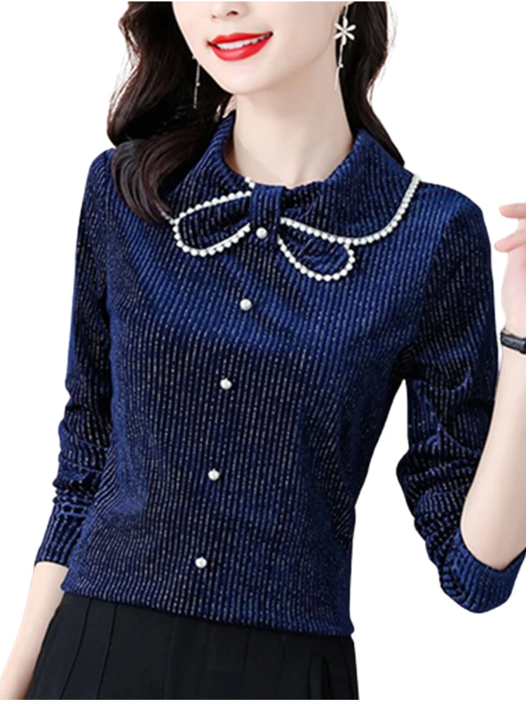 Autumn and Winter Elegant Fashion Vintage Chic Shirt Women Office Lady Minimalist Long Sleeve Stripe Button Half High Collar Top