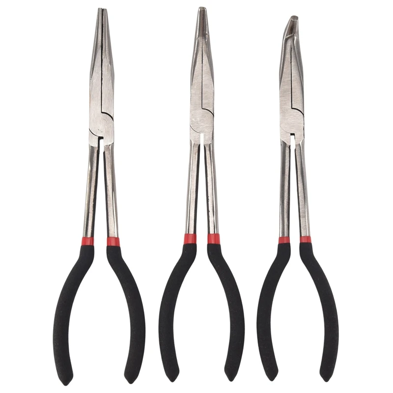 Hot Sale-3X 11 Inch EXTRA LONG NOSE PLIERS SET STRAIGHT & BENT TIP MECHANIC GRIP HAND TOOL