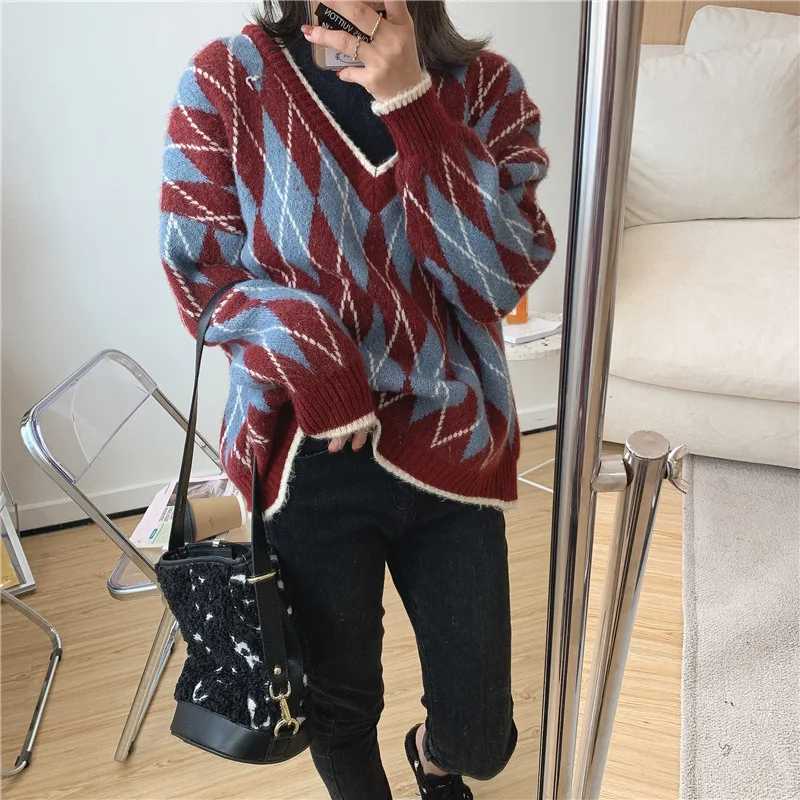 

Winter Clothes Women Loose Oversized Sweater Half Turtleneck Patchwork Knitted Pullovers Chic Argyle Pull Femme Jumper Red Khaki