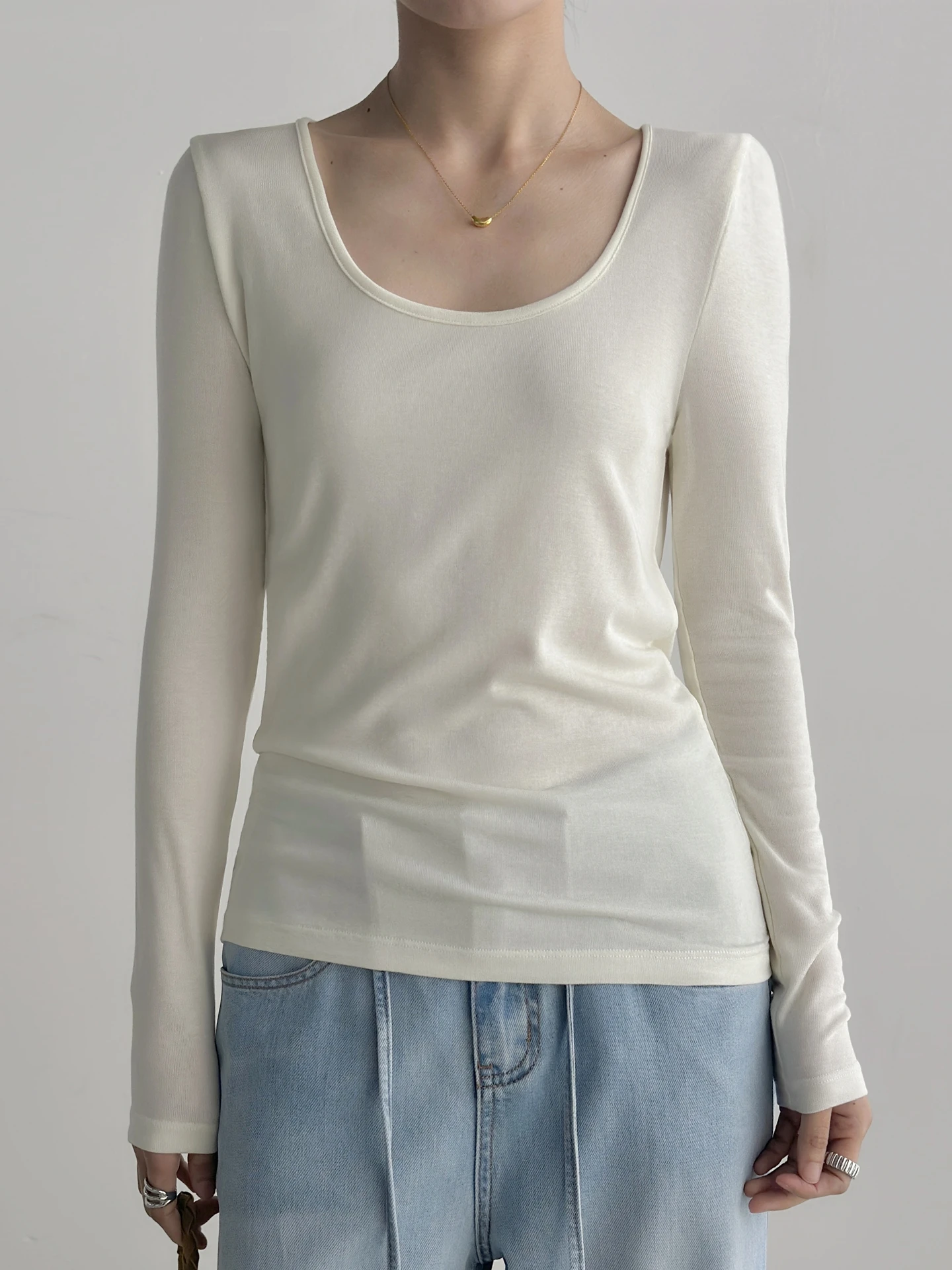 

Женская приталенная футболка с длинным рукавом из шерстяной смеси, легкая, дышащая, с широким U-образным вырезом, из ацетатного лиоцелла, повседневный топ