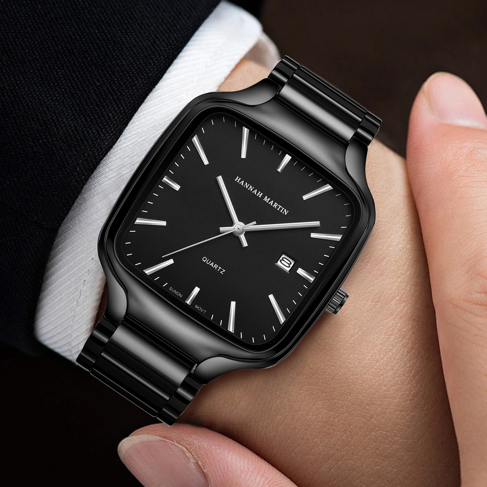 هانا مارتن العلامة التجارية الرجال الساعات السوداء مربع الفولاذ المقاوم للصدأ حزام 3Bar مقاوم للماء حركة الكوارتز اليابانية ساعة رياضية للرجال