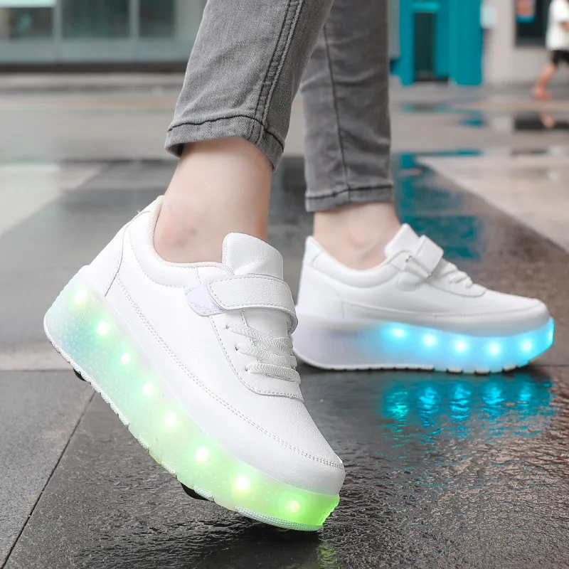 LED Children Wheels Shoes Kids Roller Skates PU Leather Fashion Sports Casual Boys & Girls & Women Sneakers With USB Size 28-42