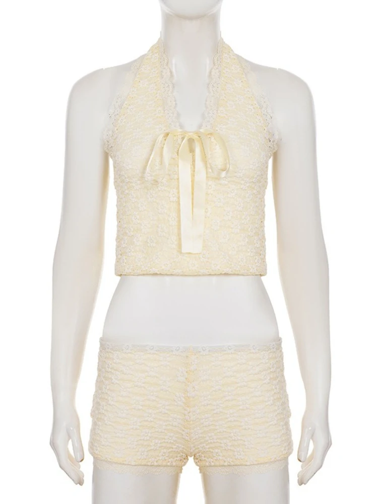 SsTss Słodki Komplet Dwuczęściowy z Koronkową Kokardą Damski Letni Seksowny Top typu Halter z Dekoltem w Serek Bez Rękawów z Odkrytymi Plecami i Szorty Seksowny Strój