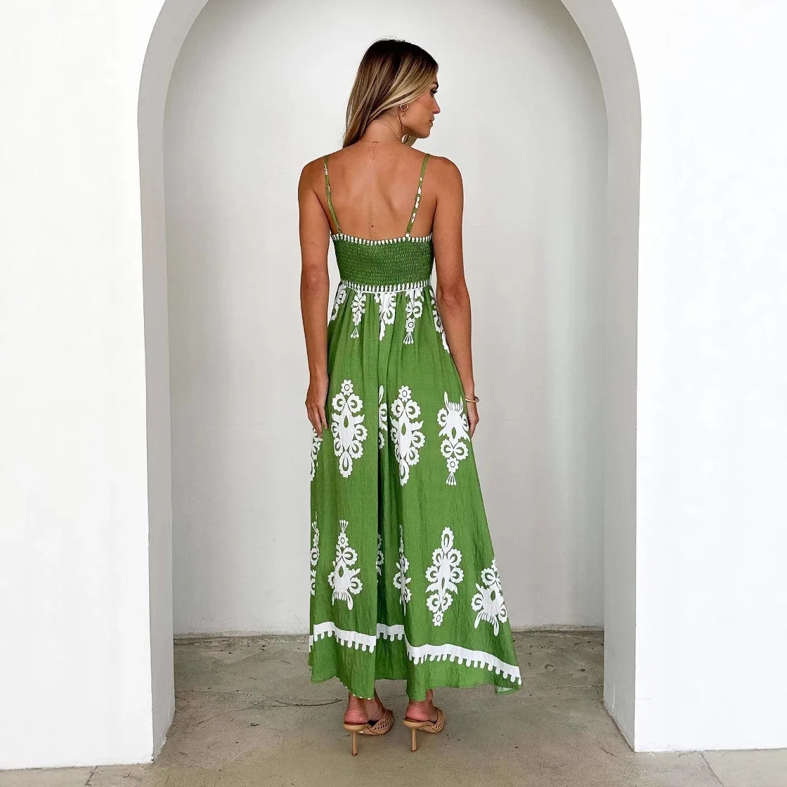 Summer Boho Backless Spaghetti Strap Dress for Women Ethnic Style Slim Fit Sleeveless Casual Holiday Sundress