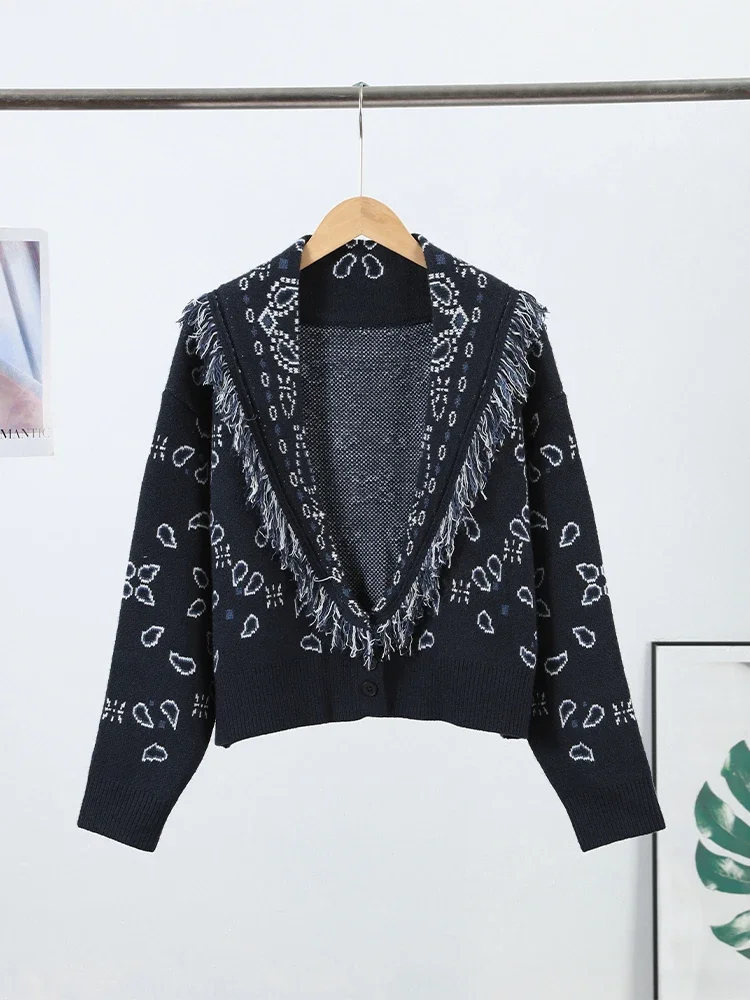 Tassel Patchwork Printed Cardigan Women Turn-down Collar Long Sleeve Knitted Fashion Lady Sweater Vintage 2025 Autumn Cardigans