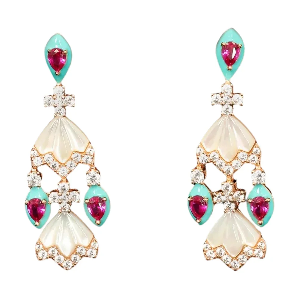 

ZOCA Vintage 925 Sterling Silver Earrings with Natural Shell Ruby & High Carbon Diamonds - Drop Dangle Wedding Fine Jewelry