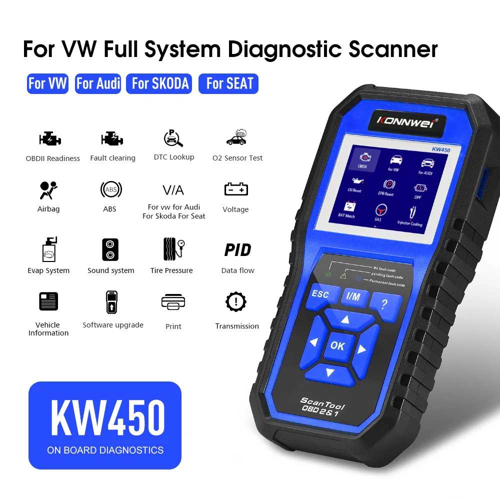OBD2 Scanner, Full System Diagnostic Tool, ABS Transmission TPMS Code Reader For VW Audi Skoda SEAT - view 3