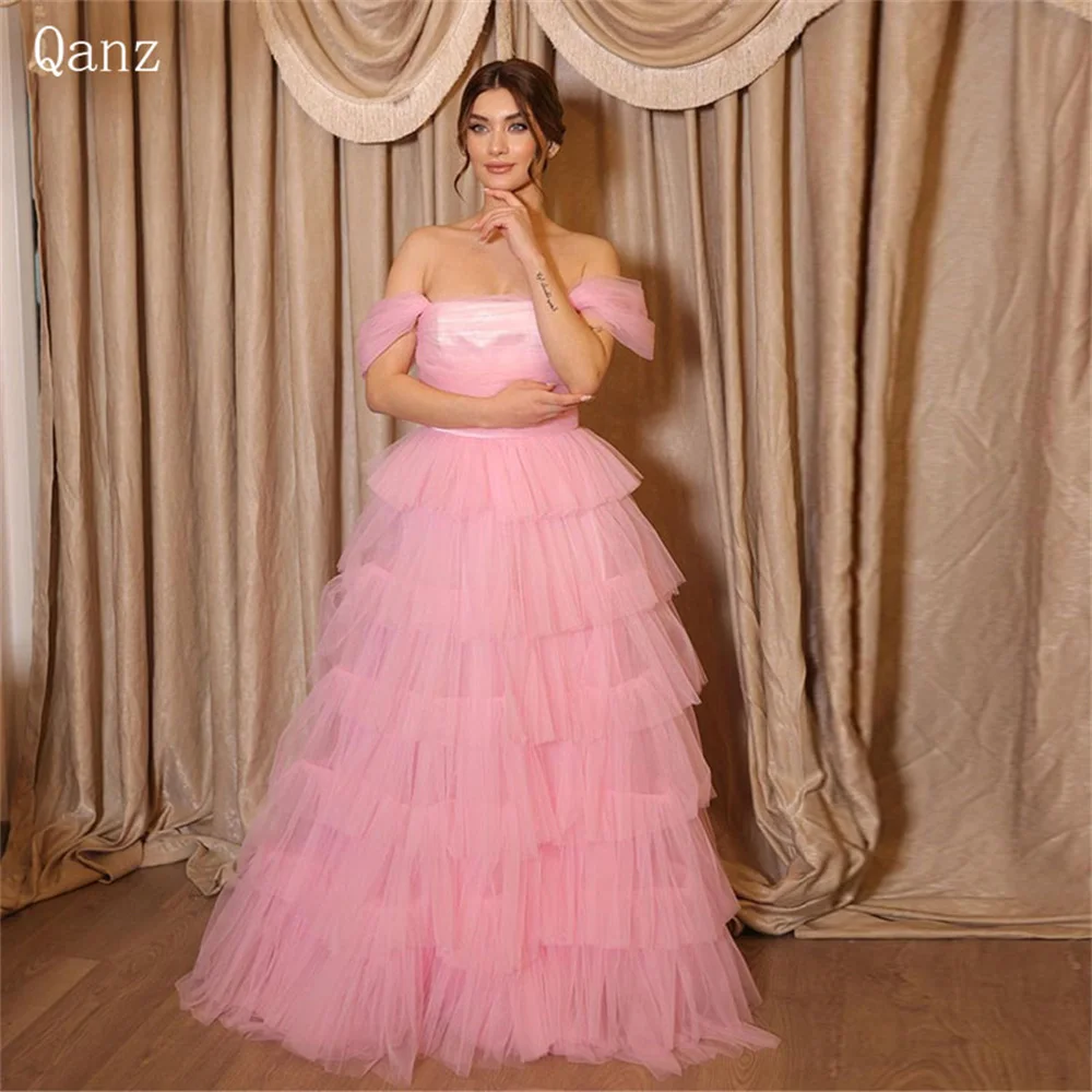 

Qanz Pink Evening Dresses Princess Tulle Tierde Ruffles Long Party Gow Off the Shoulder Vestidos De Fiesta Elegantes Para Mujer