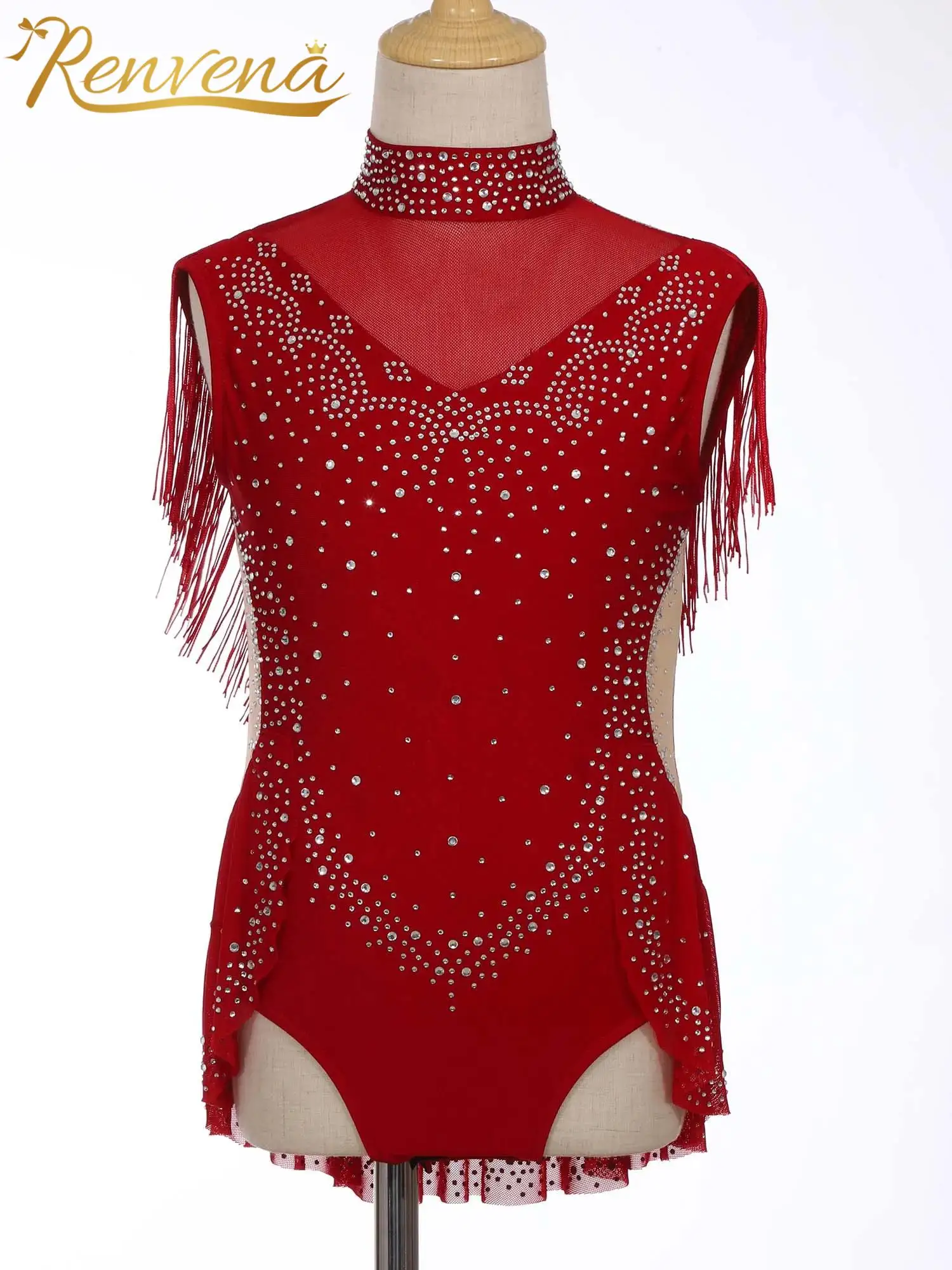 Children's Sheer Mesh Tassel Skirted Skating Bodysuit Girls Latin Chacha Ballet Leotard Rhythmic Gymnastics Jumpsuit Kid Clothes