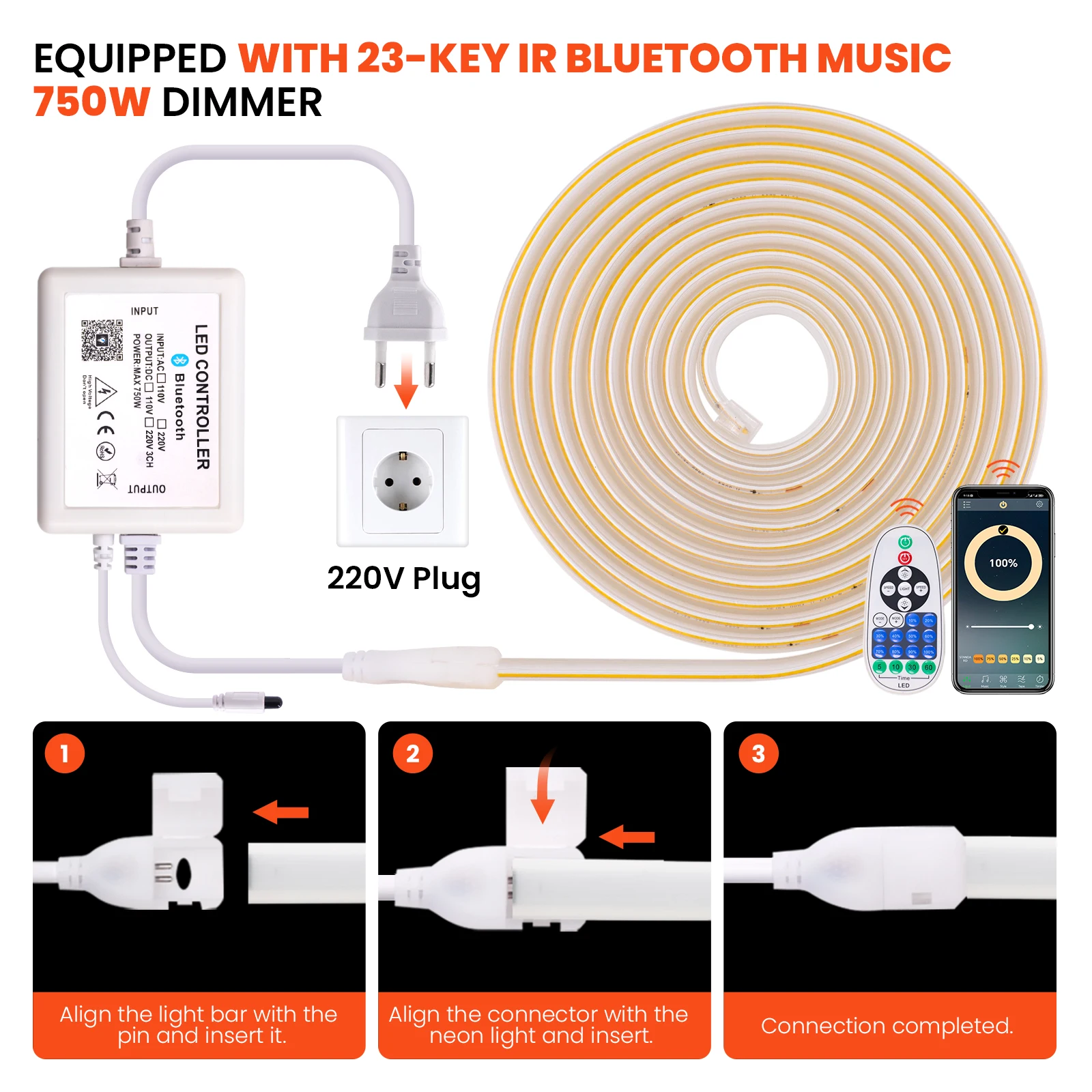 Dimmable COB LED Strip 220V 288Leds/m Bluetooth Remote Control Flexible Ribbon FOB LED Tape Warm Natural Cold White EU Plug Kit