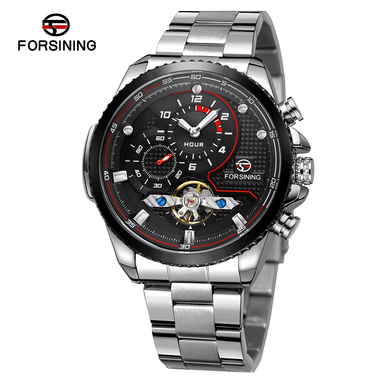 

Мужские часы Forsining для отдыха через полые автоматические механические часы, наручные часы, стальные с синими механическими часами
