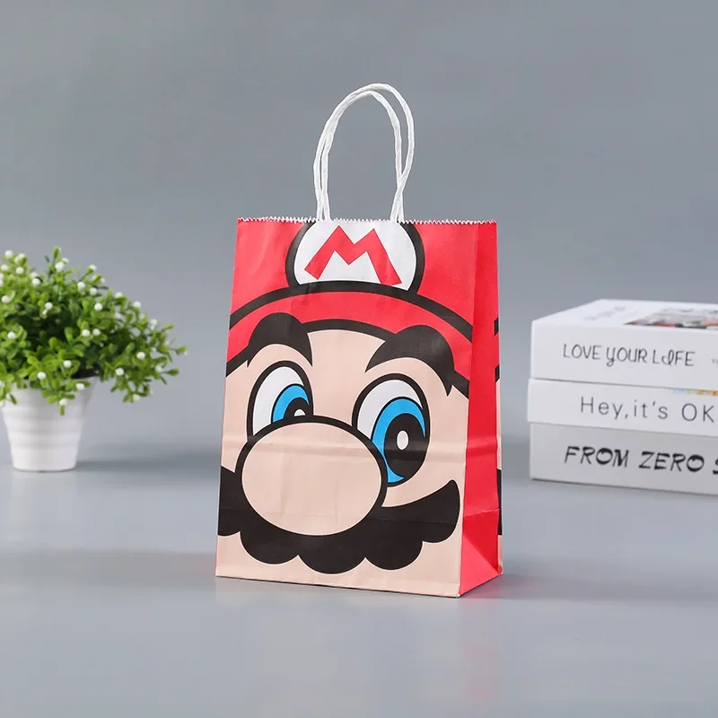 Super Mario Bros Tote Gift Bags Mario Luigi Mushroom Anime Figures Toys Kraft Paper Candy Bag Party Supplies Kids Birthday Gifts