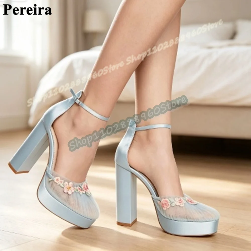 Light Blue Satin Platform Air Mesh Flower Sandals Chunky High Heel Women Shoes Ankle Buckle Strap Peep Toe Zapatos Para Mujer