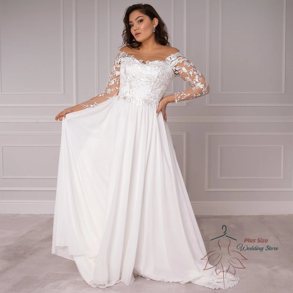 

Customized Wedding Dress For Bride Scoop Full Sleeve Lace Up Bride Gown Lace Applique A-Line Sweep Train Robe De Mariée