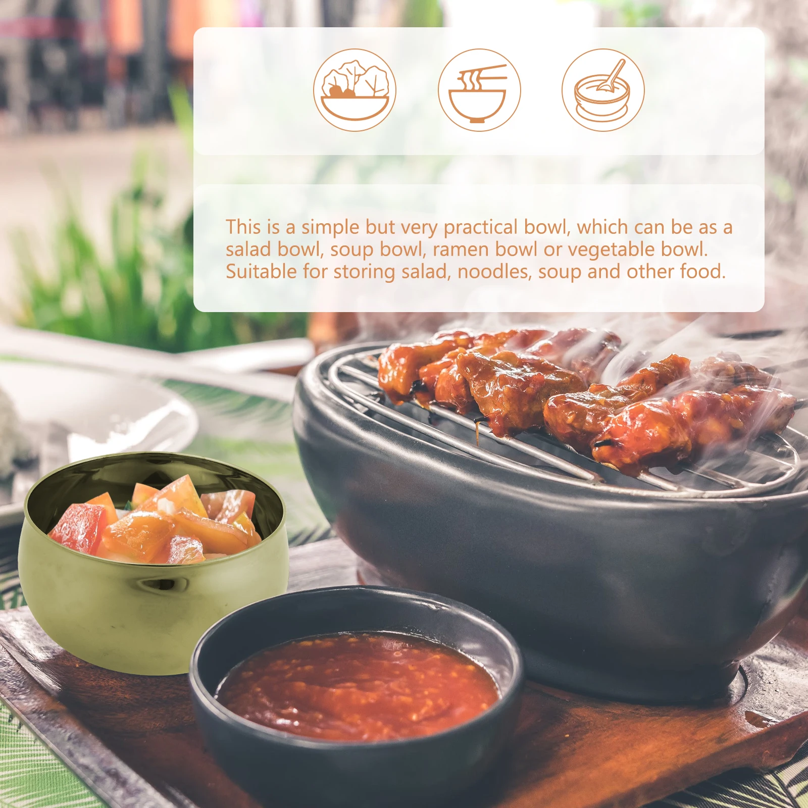 

Stainless Steel Round Metal Food Soup Container Serving Golden Fruit Soup Container Salad Bowl Kitchen Baking Pan