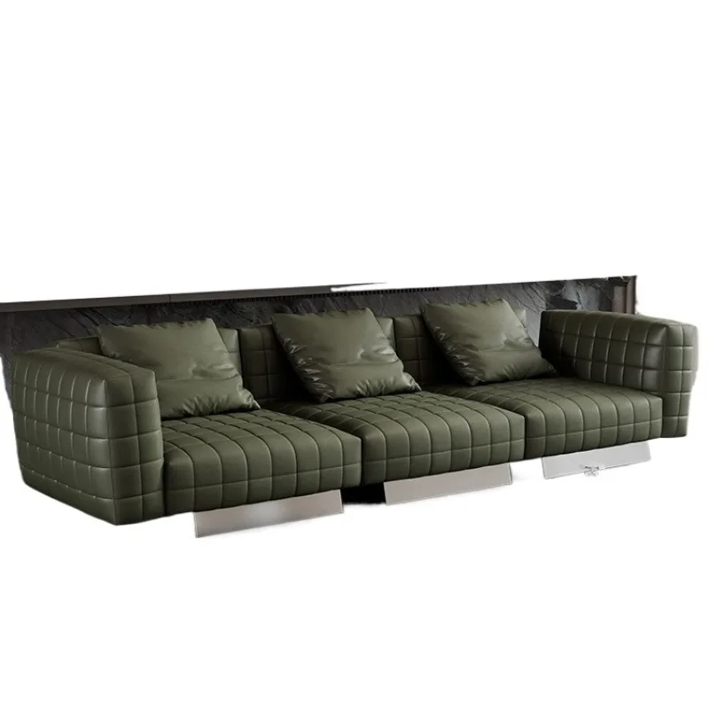 

Italian minimalist checkerboard leather sofa villa large flat high-end modern light luxury designer first layer cowhide