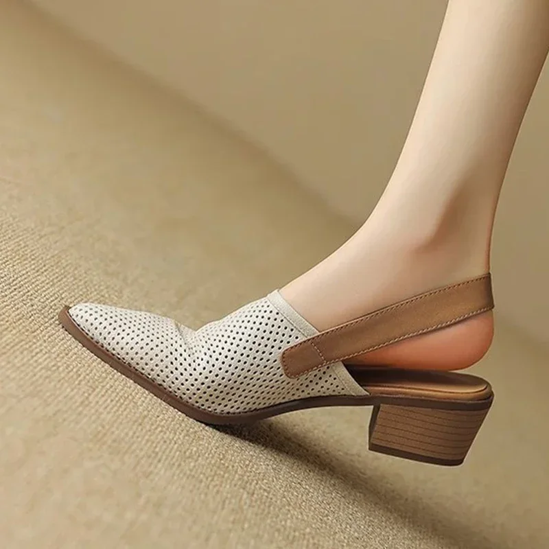 Mesh Sandals Mid Heels Retro Women Shoes Pointed Toe New Chunky Slippers 2024 Fashion Summer Pumps Walking Dress Mujer Zapatos