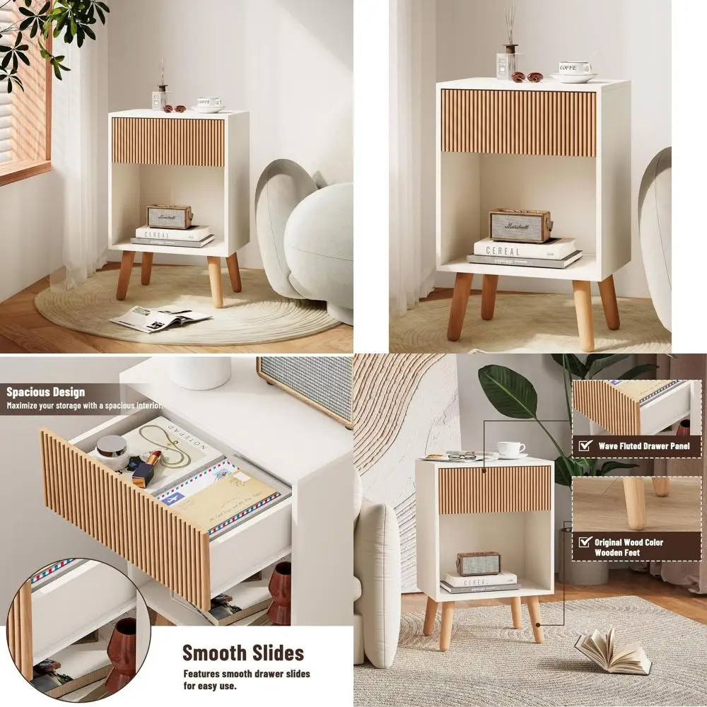 

Contemporary Nightstand with Drawers and Wooden Shelf, Solid Wood Legs, Storage Side Table for Living Room and Bedroom