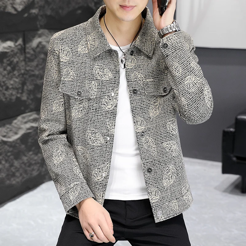 2024 Autumn Leaf Jacquard Men's Jacket Slim Fit Lapel Casual Business Coats Long Sleeve Social Office Outwear Windbreaker Tops