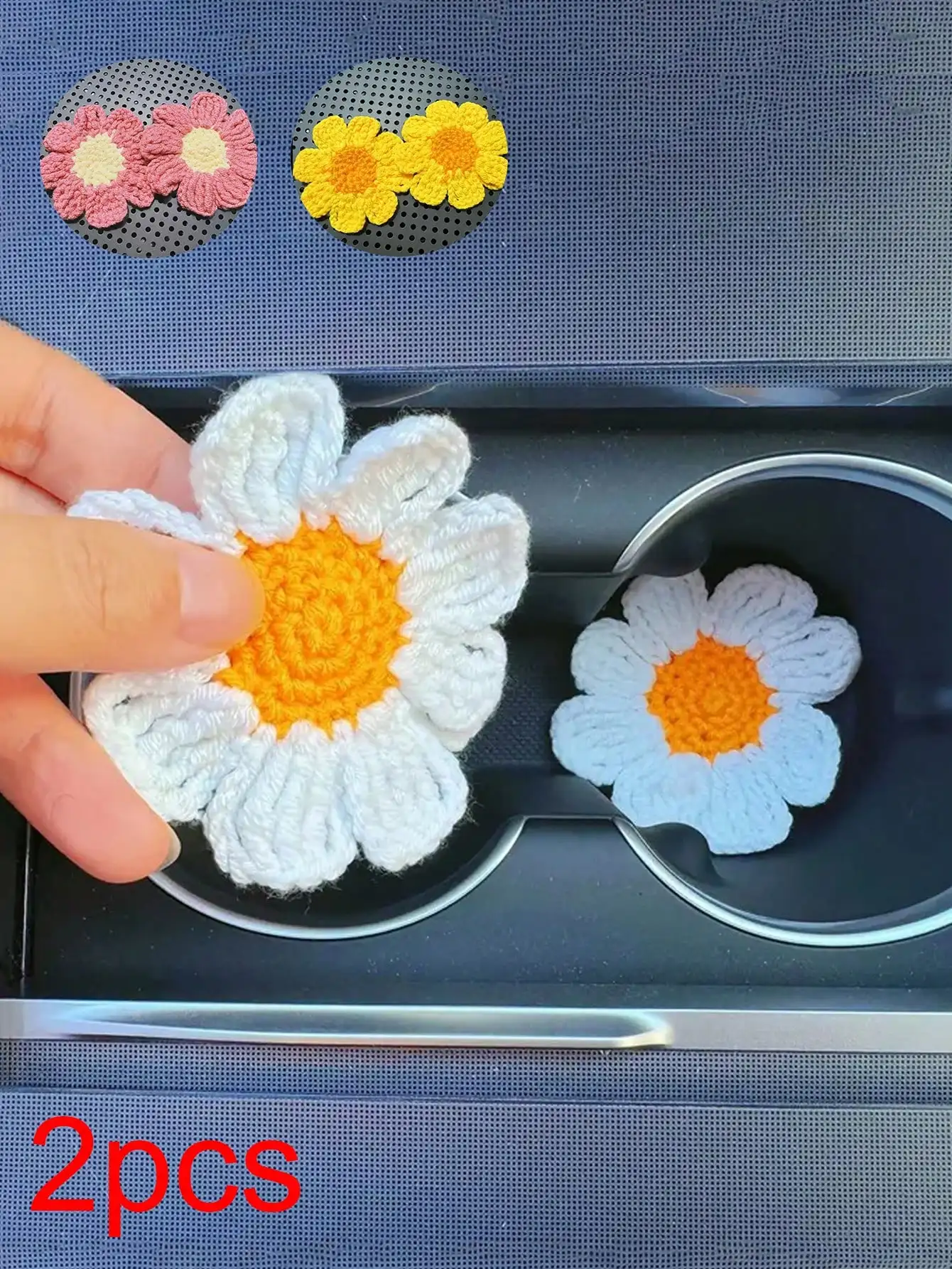 Posavasos De flores hechos a mano, posavasos De margaritas frescas y encantadoras para coche, posavasos terminados tejidos a mano para Interior De coche bonito, 2 uds.