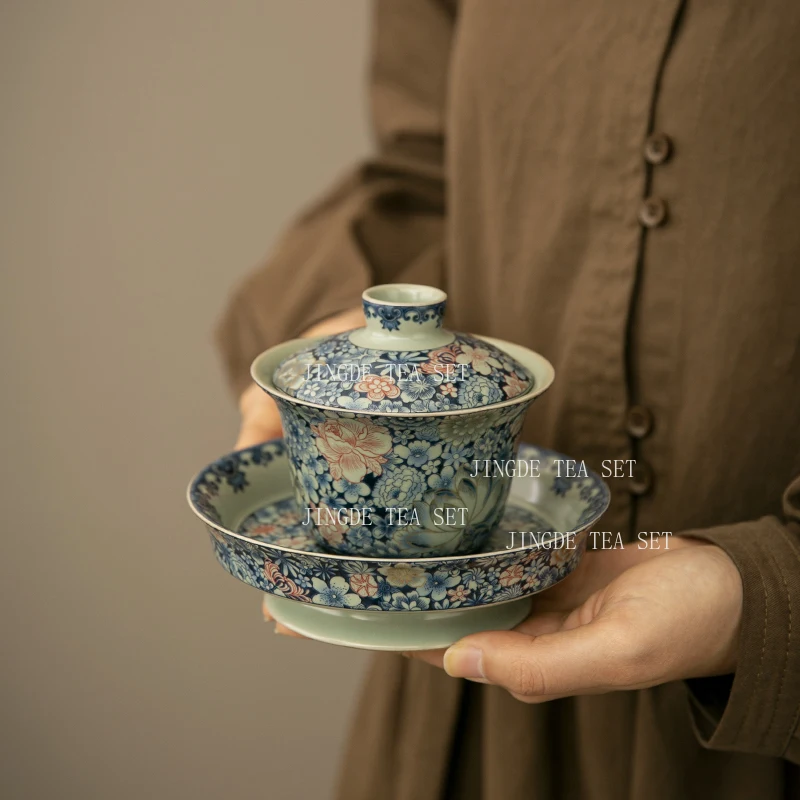 

150ml Blue and White Ru Kiln Three Talents Bowl Cover Household Enamel Colored Tea Cup High End Kung Fu Tea Set with Lid
