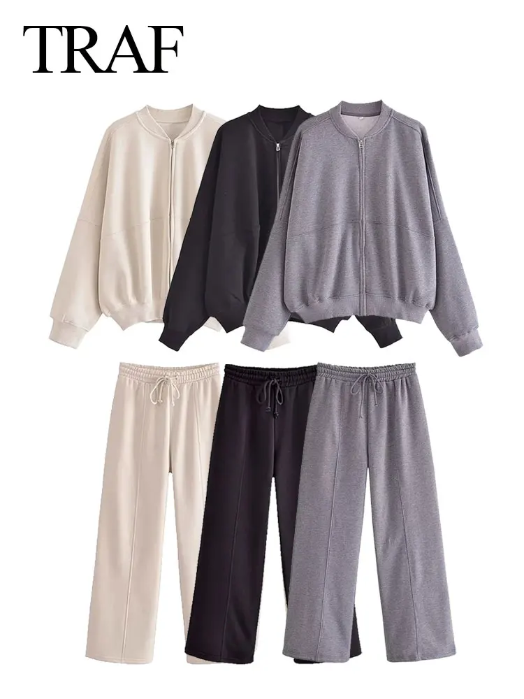 

TRAF 2023 Women's Lined Fleece Hoodie Coat Sweatshirt Set High Waisted Loose Sweatpants Women's Drawstring Pants 2-piece Set