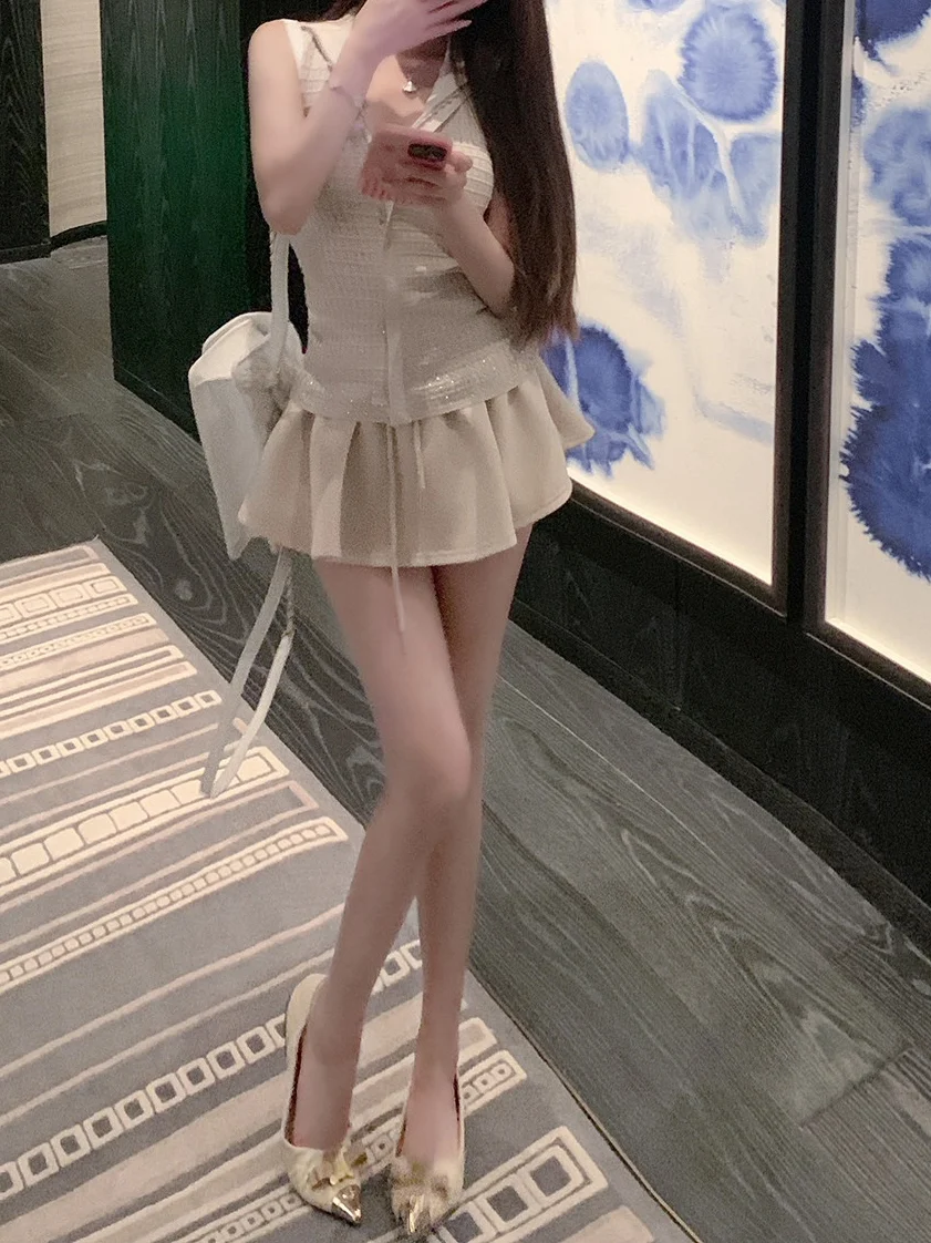 Sweet Lace Trim A-Line  Skirt High Waist Slimming Versatile Short Skirt Beige Women's Polyester Fiber Elastic Loose Fit
