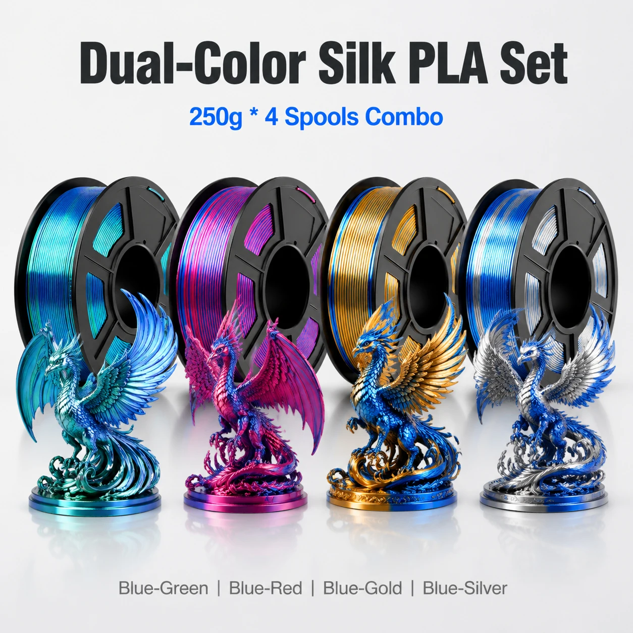 4Pcs Dual Color Silk PLA Filament Set 1.75mm 250g Each Roll Two‑Tone Co‑extrusion 3D Printing Material Kit For FDM Printers