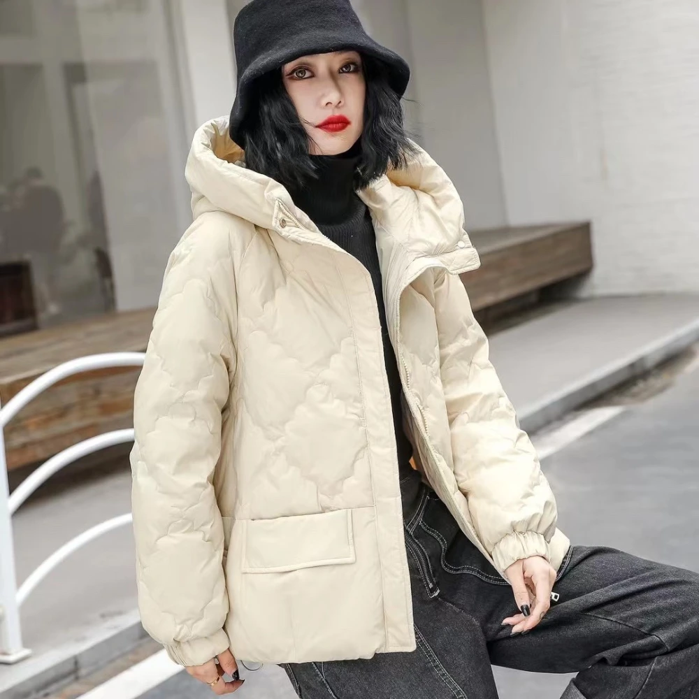 Fashion Casual New Winter Women Solid Color Loose Hooded Down Jacket White Duck Down Thickened Warm Woman's Quilted Jacket